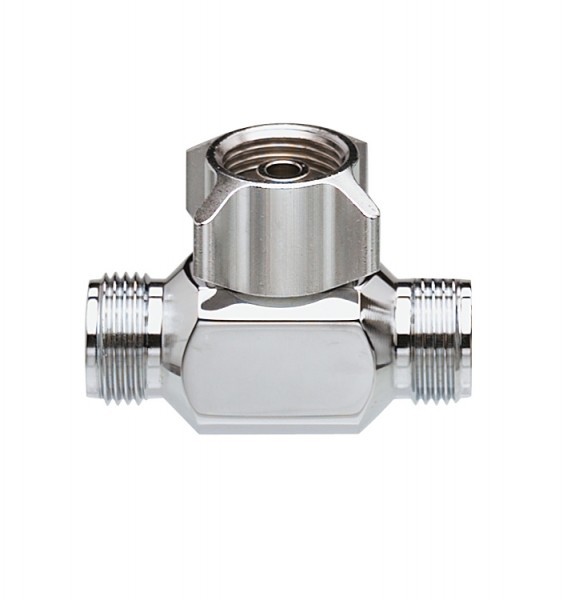 T-Verteilerstück,  2 Abgänge G 3/8,  1 Eingang Flügelmutter