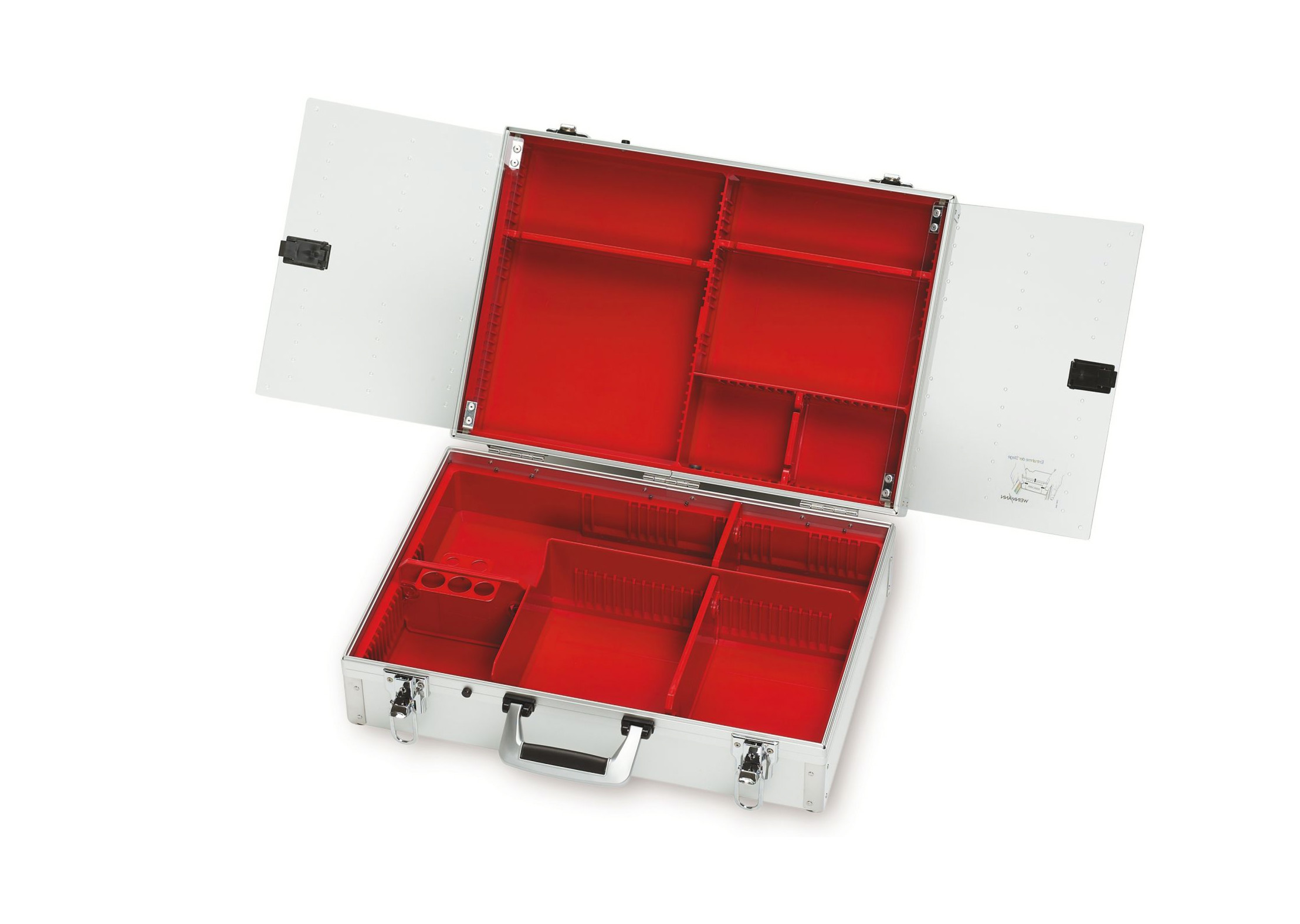 ULMER KOFFER II, leer Aluminiumkoffer mit Kunststoffeinsätzen, 6 variablen Trennstegen Space-Chip und 2 Haltern für Oropharyngealtuben. Inhalationsadapter