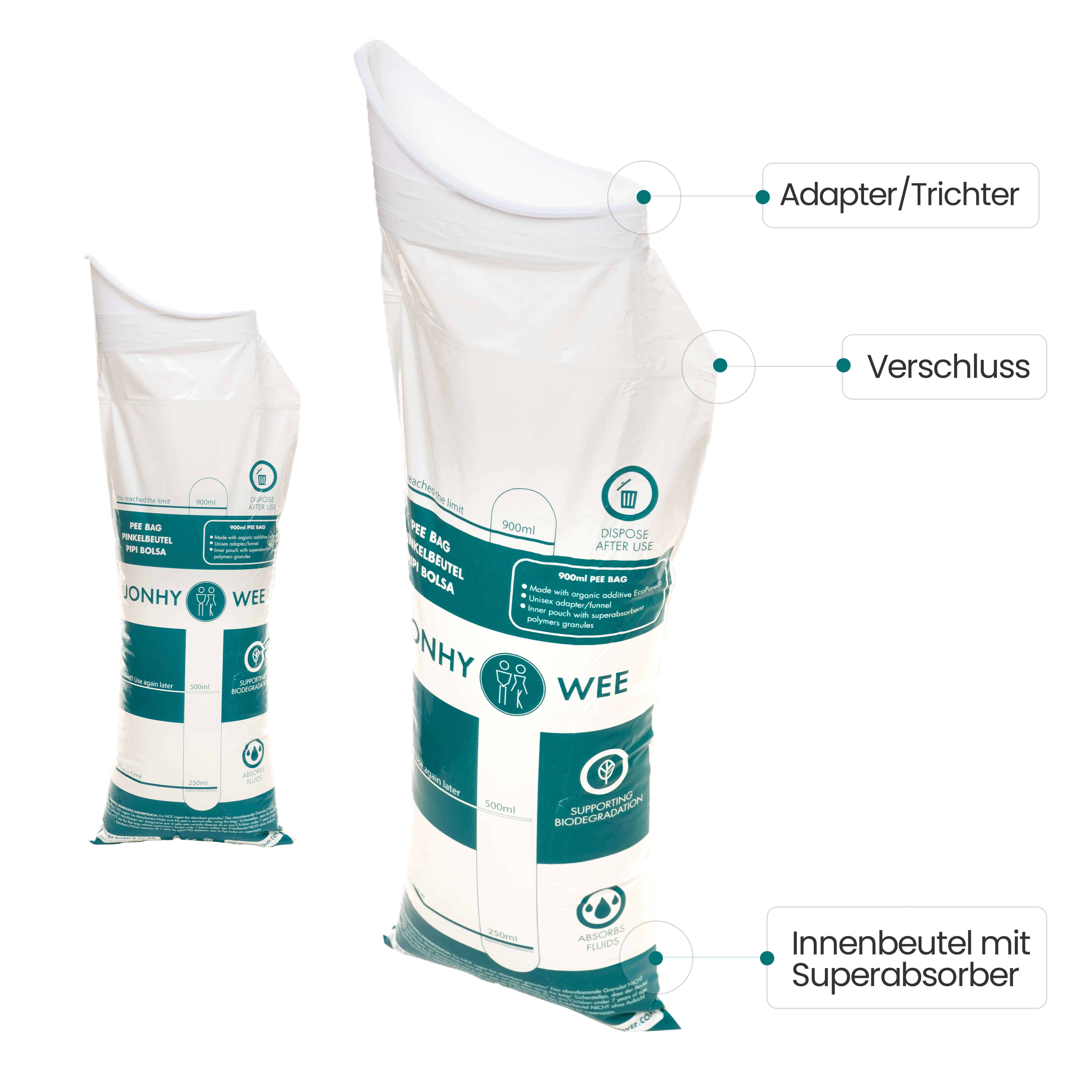 Jonhy Wee Unisex Pinkelbeutel, 900 ml - Packung à 3 Beutel