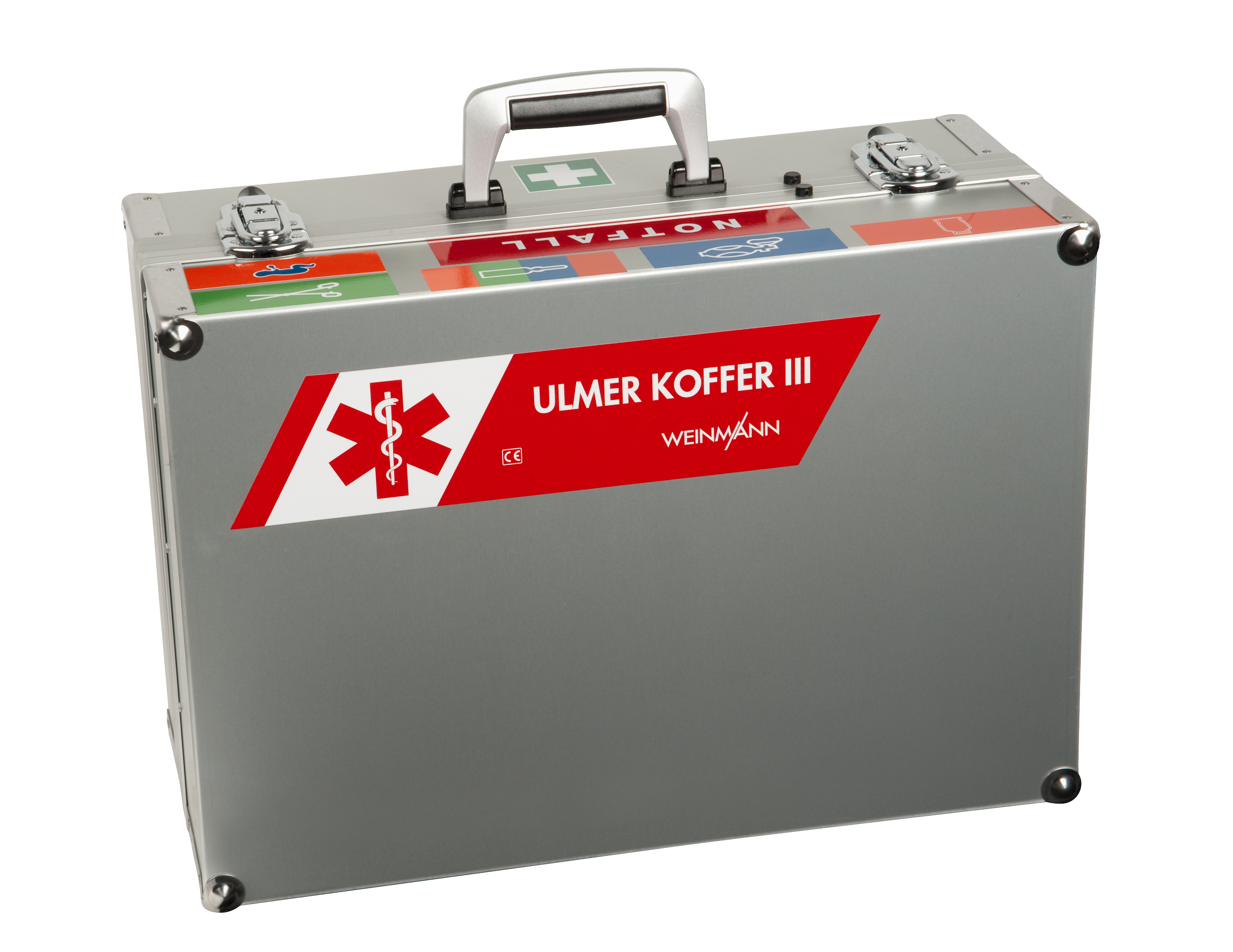 ULMER KOFFER III, leer Aluminiumkoffer mit Kunststoffeinsätzen, 6 variablen Trennstegen, Space-Chip, 2 Haltern für Oropharyngealtuben sowie ausschwenkbarer und ausklinkbarer Ampullenkassette mit 2 Ampullenleisten mit je 11 Ampullenplätzen