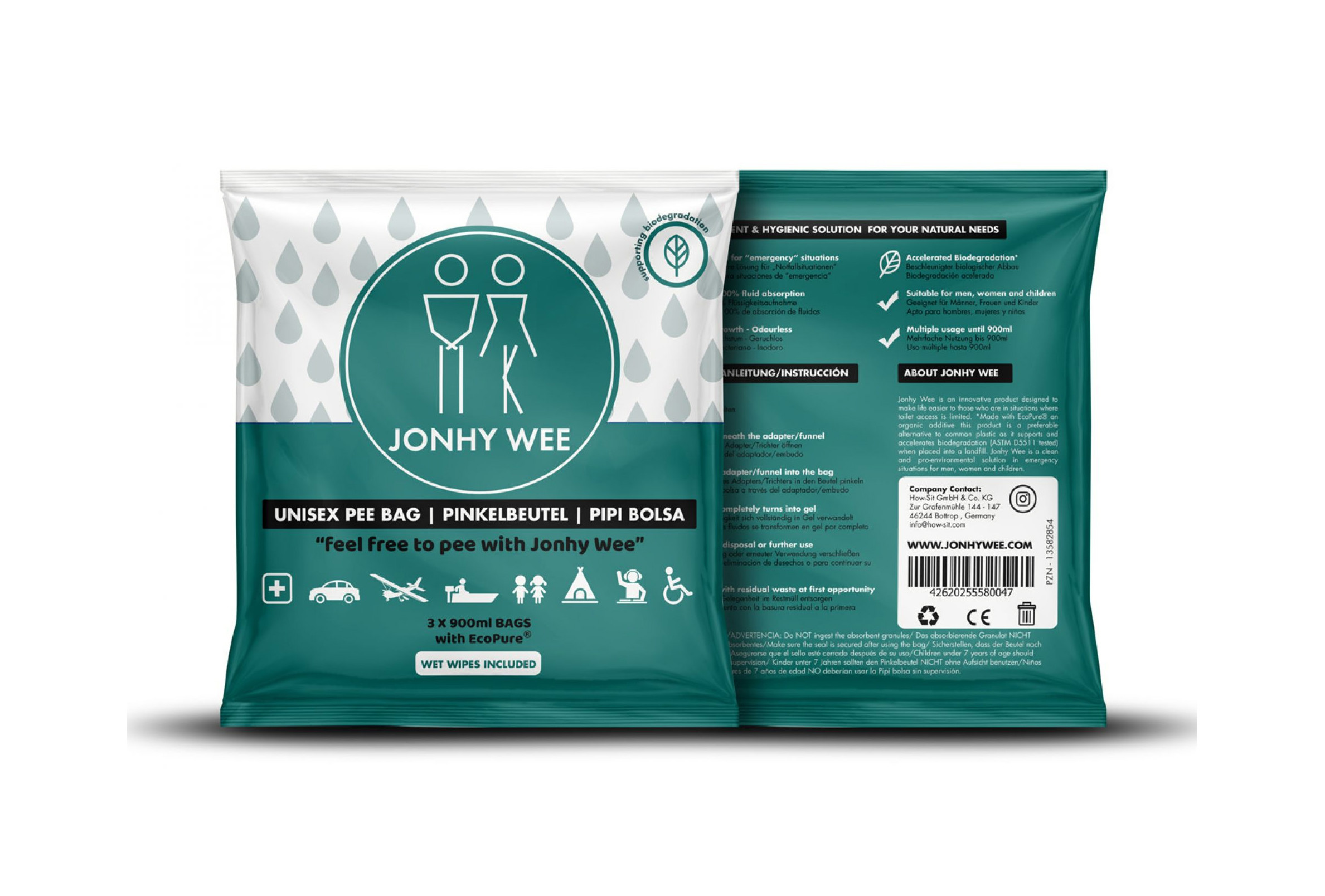 Jonhy Wee Unisex Pinkelbeutel, 900 ml - Packung à 3 Beutel
