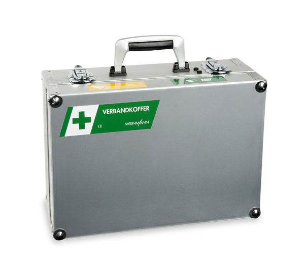 ULMER KOFFER Verband, leer Verbandkoffer DIN 14142-K, Aluminiumkoffer, eloxiert, Abmessungen: 42,6 x 33,0 x 18,5 cm mit Halterungen und Einsätzen
