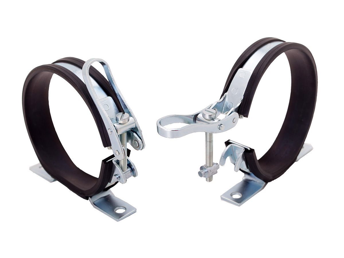 Flaschenspannschellen mit Konsole, Gummiprofil, Satz a 2 Stück für stationäre O2-Anlagen in Gebäuden oder Fahrzeugen für 5,0- und 10,0- bzw. 11,0-l-O2-Flaschen, 140 mm Ø (erfüllt die Norm EN 1789)