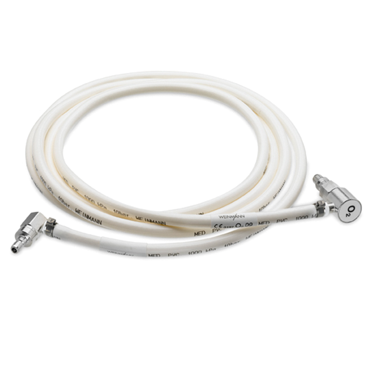 Druckschlauch mit  1x Winkelstecker für Sauerstoffschnellkupplung  nach DIN 13260  1x Winkelstecker für Sauerstoffschnellkupplung  Typ Walther  Länge: 1m, weiß