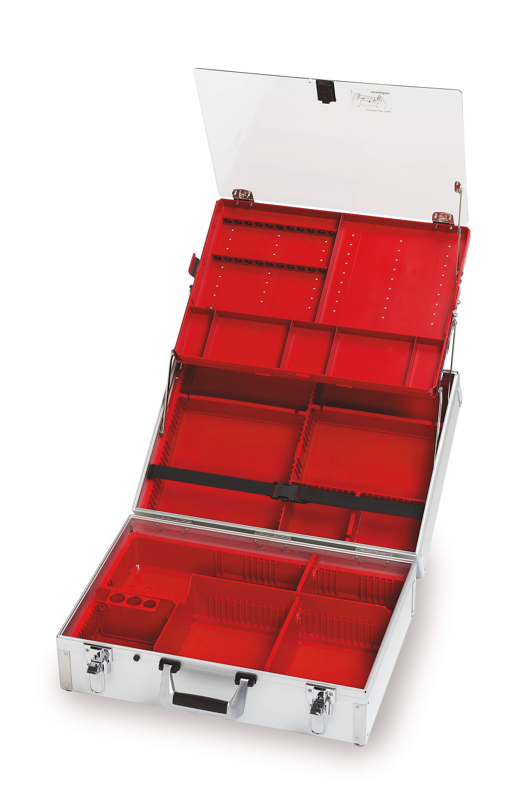 ULMER KOFFER III, leer Aluminiumkoffer mit Kunststoffeinsätzen, 6 variablen Trennstegen, Space-Chip, 2 Haltern für Oropharyngealtuben sowie ausschwenkbarer und ausklinkbarer Ampullenkassette mit 2 Ampullenleisten mit je 11 Ampullenplätzen