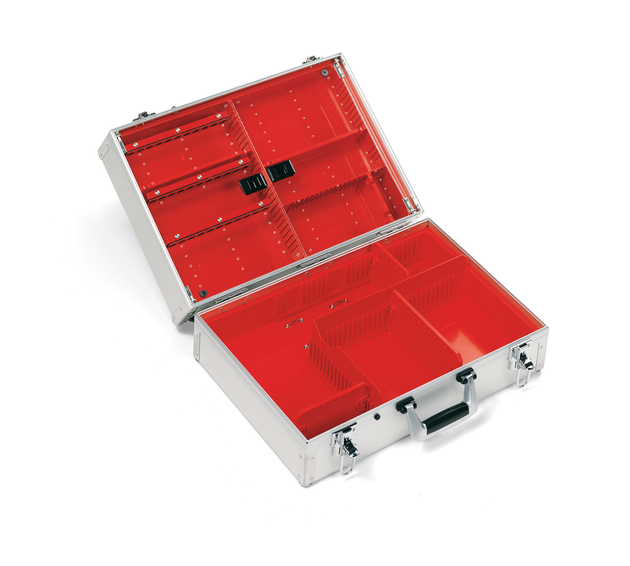 ULMER KOFFER II, leer Aluminiumkoffer mit Kunststoffeinsätzen, 6 variablen Trennstegen Space-Chip und 2 Haltern für Oropharyngealtuben. Inhalationsadapter