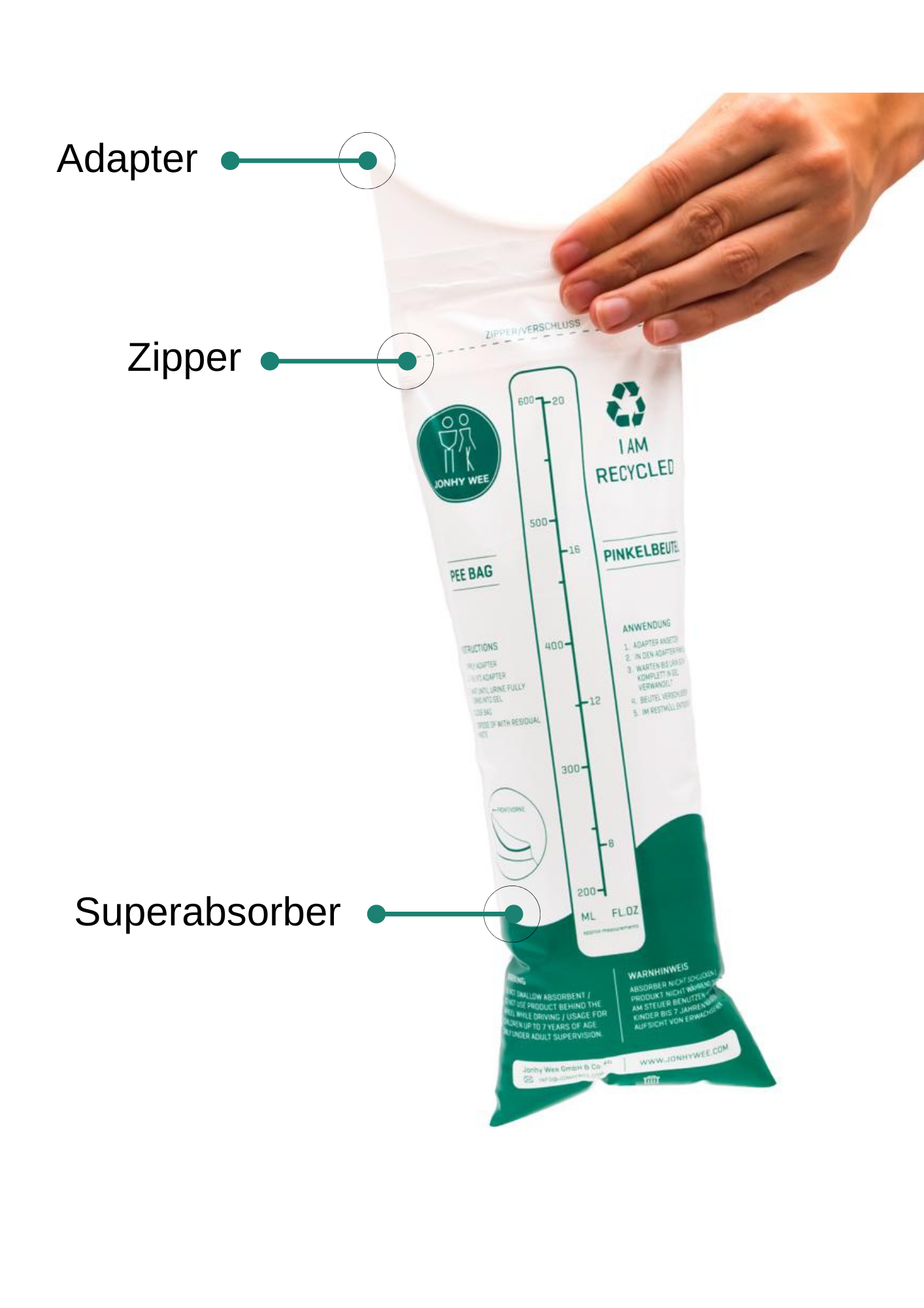Johny Wee Unisex Pinkelbeutel - Packung à 3 x 600 ml