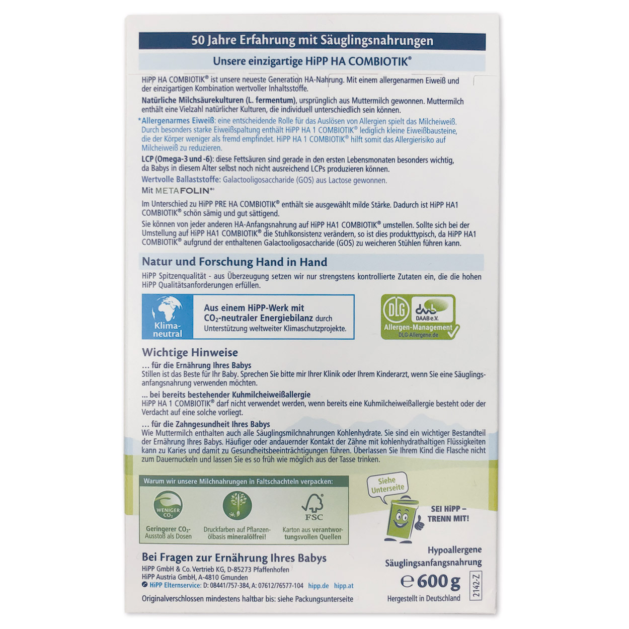 HiPP HA 1 COMBIOTIK® Milchnahrung 600 g - Karton à 4 Stück