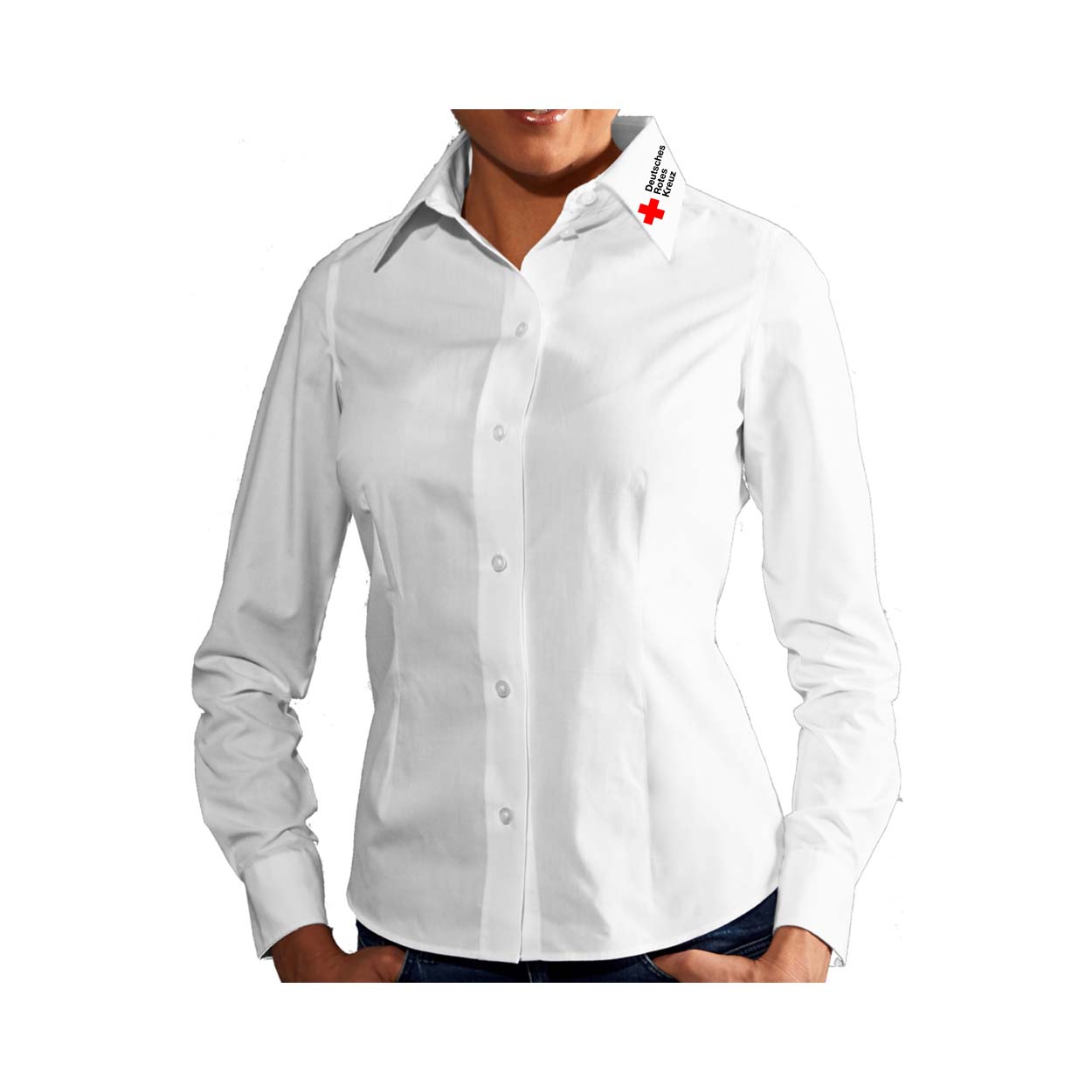 Damenbluse weiß, 1/1 Arm, Kragenstick