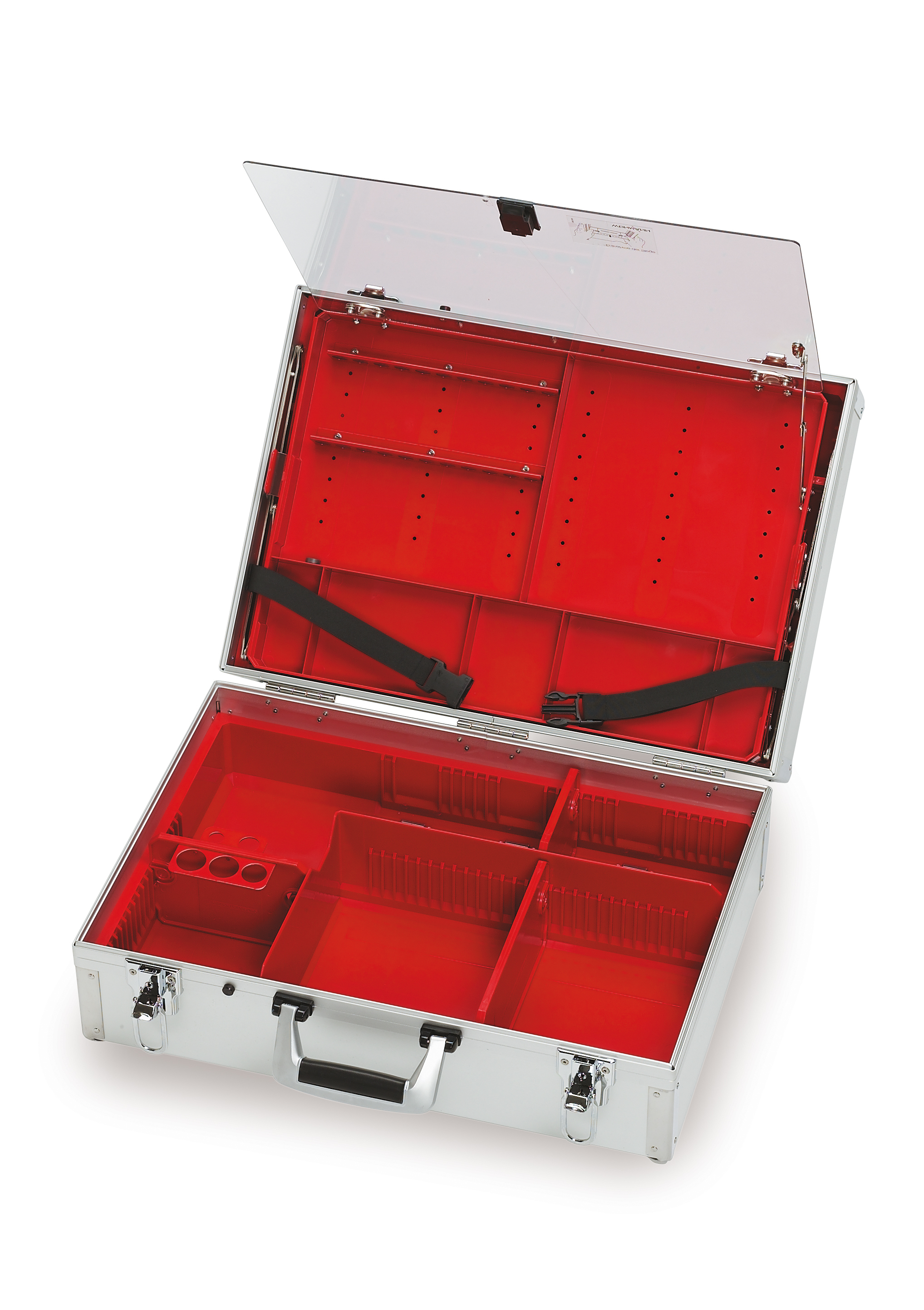 ULMER KOFFER III, leer Aluminiumkoffer mit Kunststoffeinsätzen, 6 variablen Trennstegen, Space-Chip, 2 Haltern für Oropharyngealtuben sowie ausschwenkbarer und ausklinkbarer Ampullenkassette mit 2 Ampullenleisten mit je 11 Ampullenplätzen